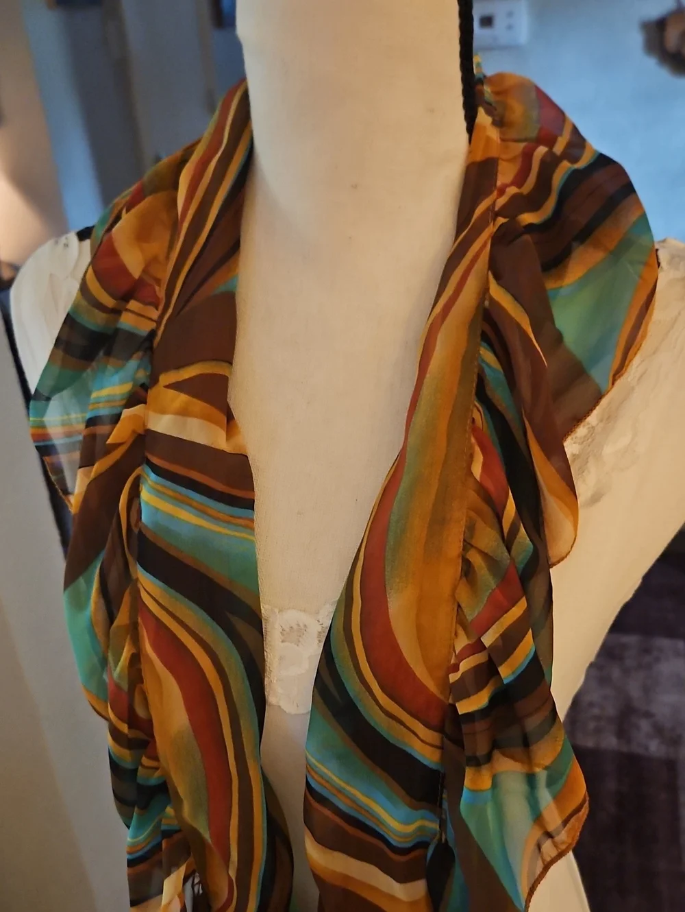 Vintage Retro Mod Striped Chiffon Ruffle Scarf in Teal and Brown